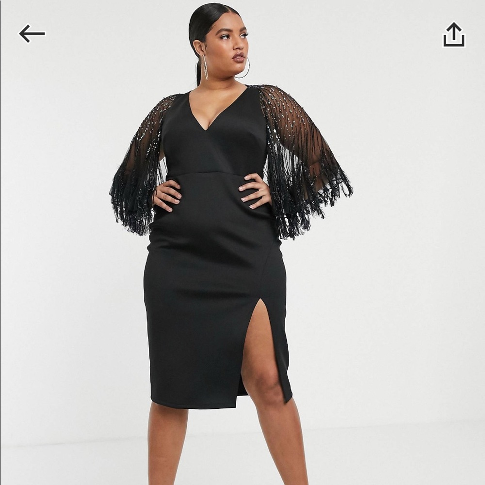 ASOS Curve Black Midi Dress with Fringe Sleeves